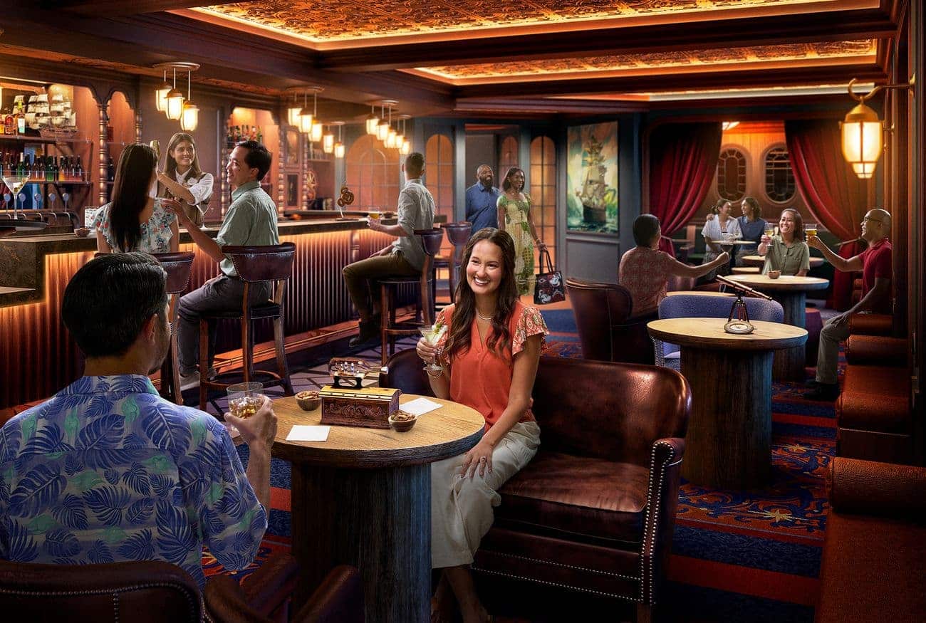 CGI lounge interior aboard Disney Adventure with warm lighting guests enjoying drinks and nautical pirate-themed décor