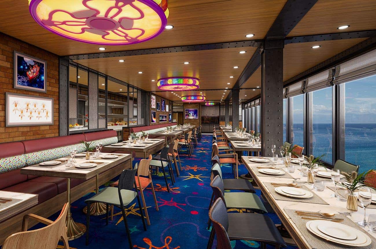 CGI interior of Pixar-themed family restaurant on Disney Adventure with colorful lighting open kitchen and oceanfront windows
