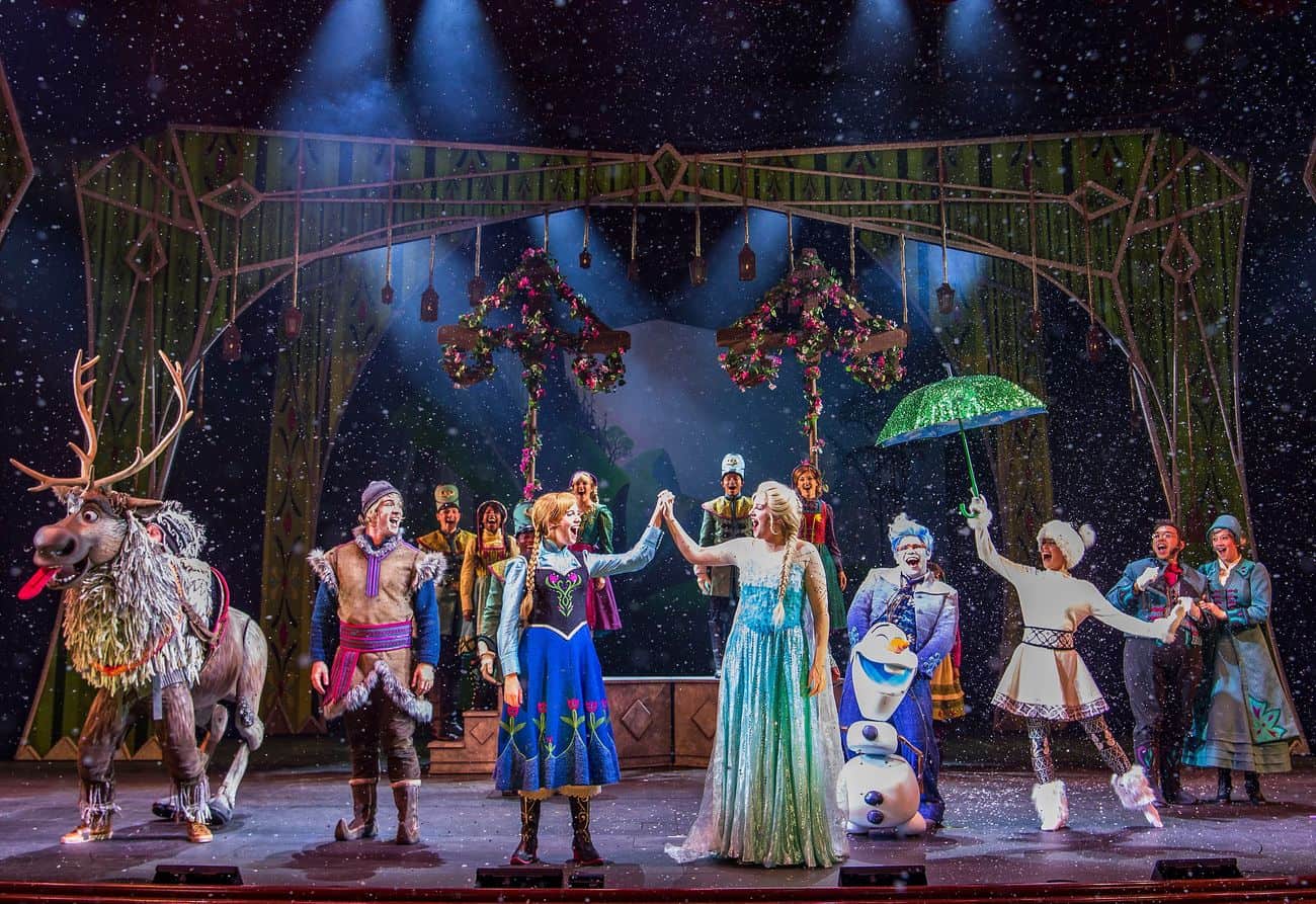 Frozen stage performance featuring the characters Anna, Elsa, Kristoff, Olaf, and supporting cast beneath falling snow