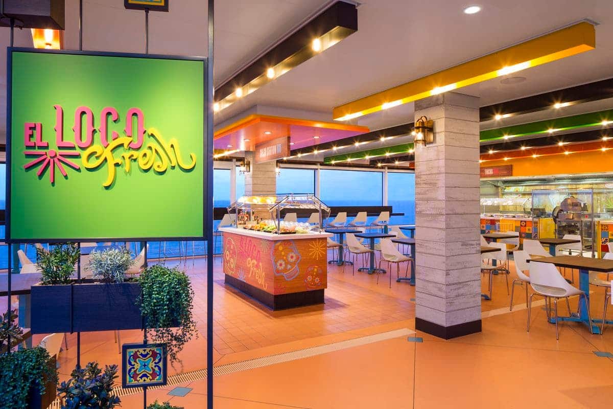 El Loco Fresh Mexican eatery featuring colorful décor, buffet counters, and ocean views