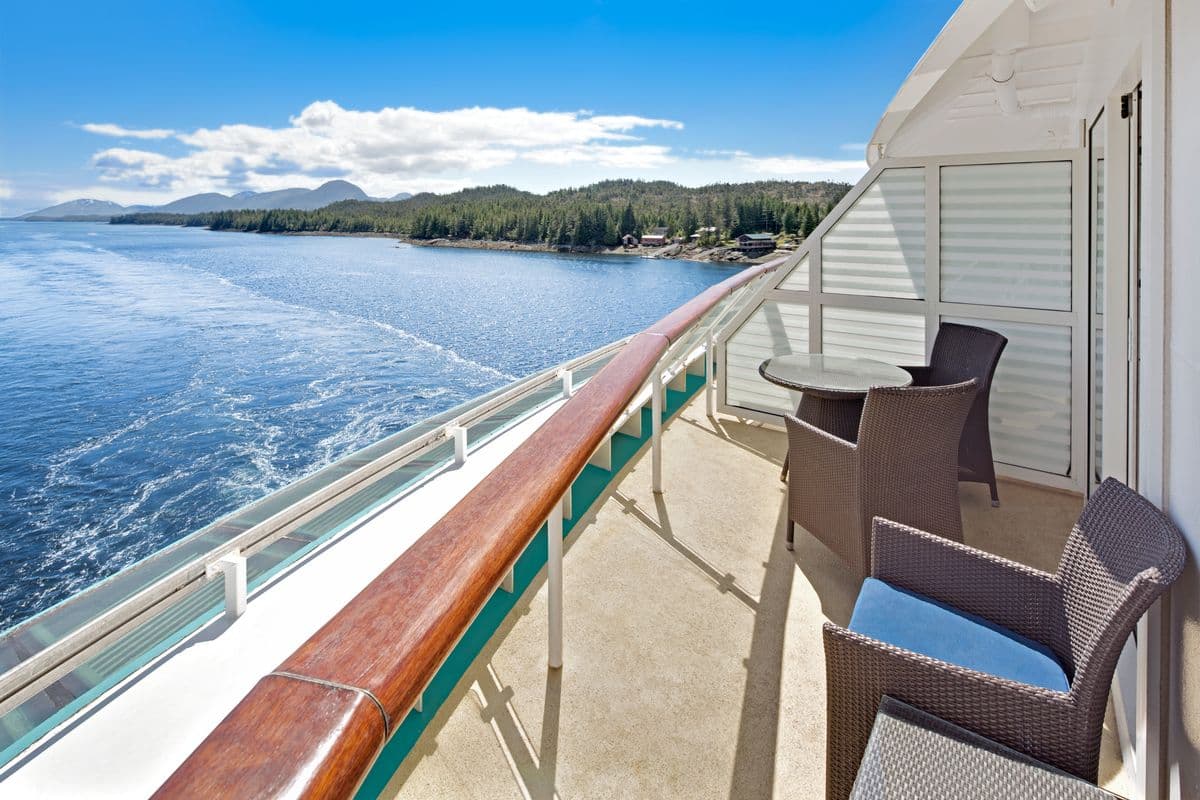 Private balcony view from a two-bedroom suite overlooking Alaska