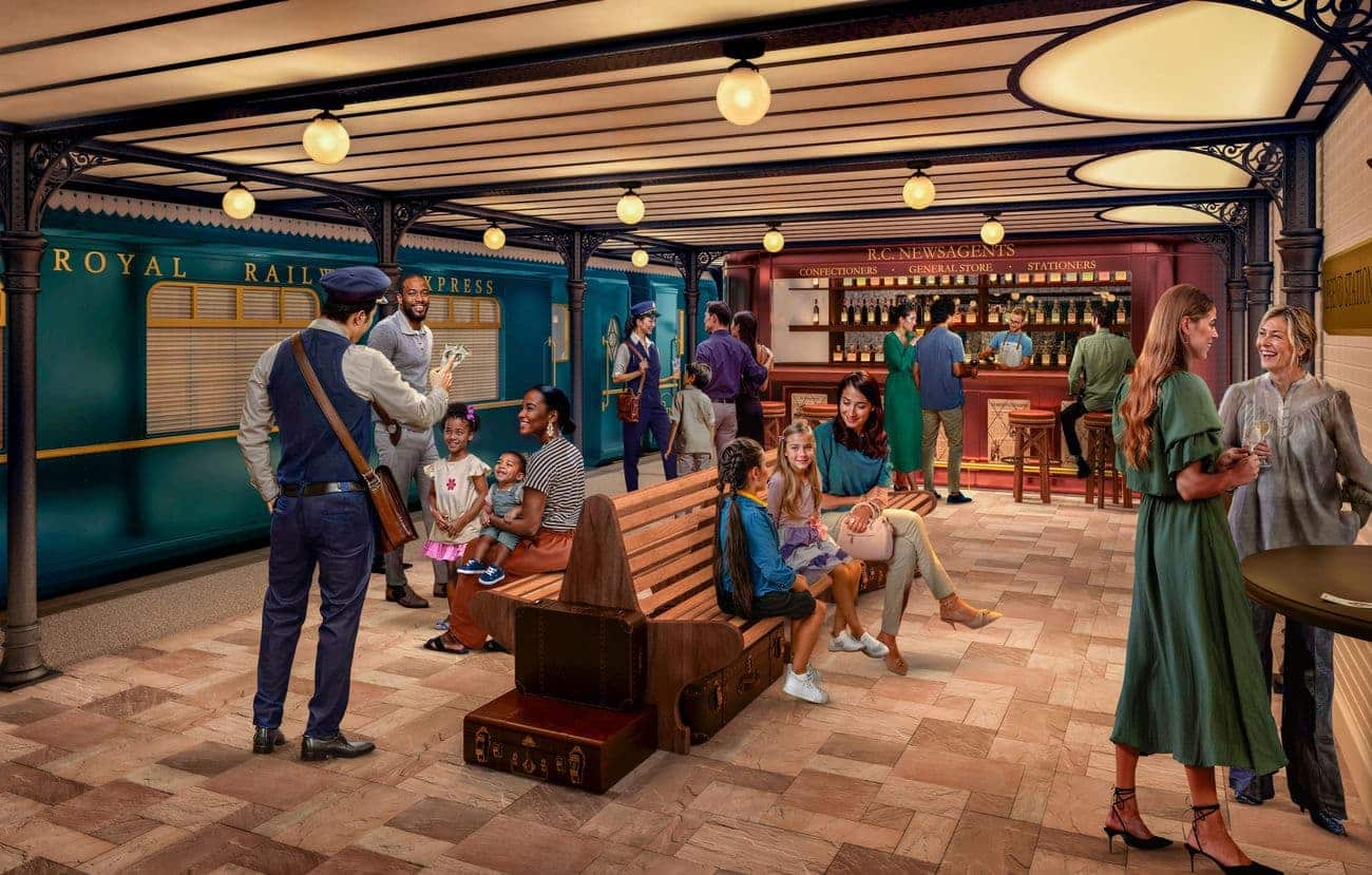 Train station–themed lounge with families and travelers enjoying drinks