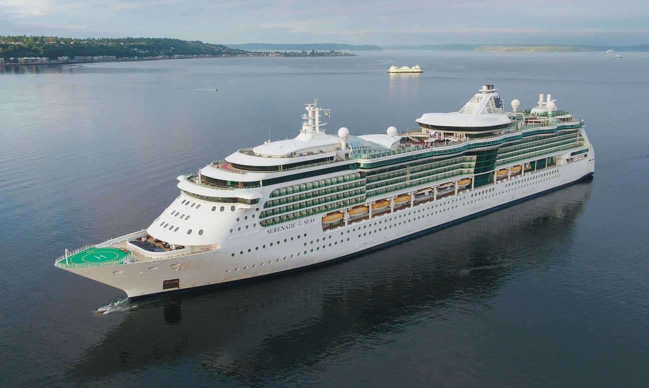 Aerial view of Royal Caribbean’s Serenade of the Seas departing Seattle, Washington