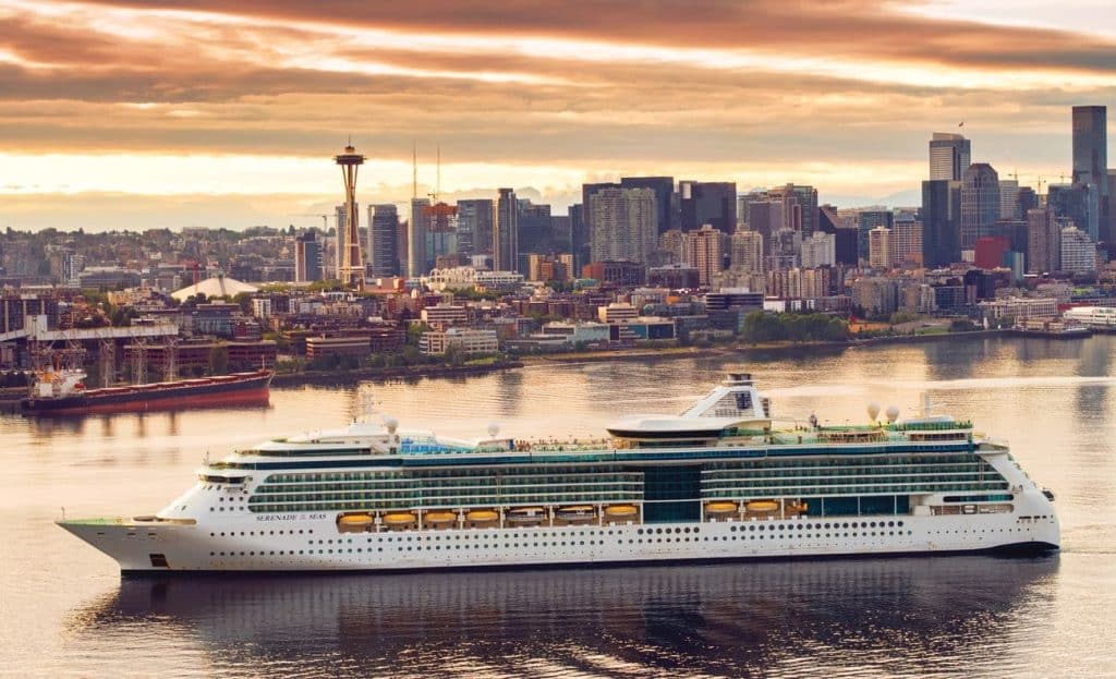 Serenade of the Seas departing Seattle with the city skyline and Space Needle in view