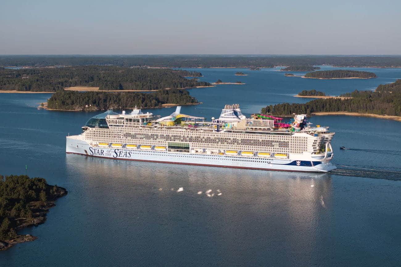 Aerial view of Royal Caribbean’s Star of the Seas during sea trials surrounded by islands