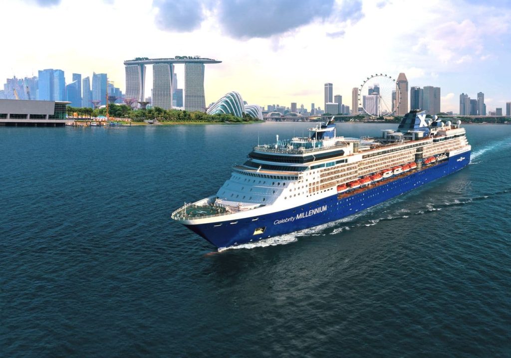 Celebrity Millennium sailing from Singapore with Marina Bay skyline in the background - Celebrity Cruises 2027-2028 itineraries