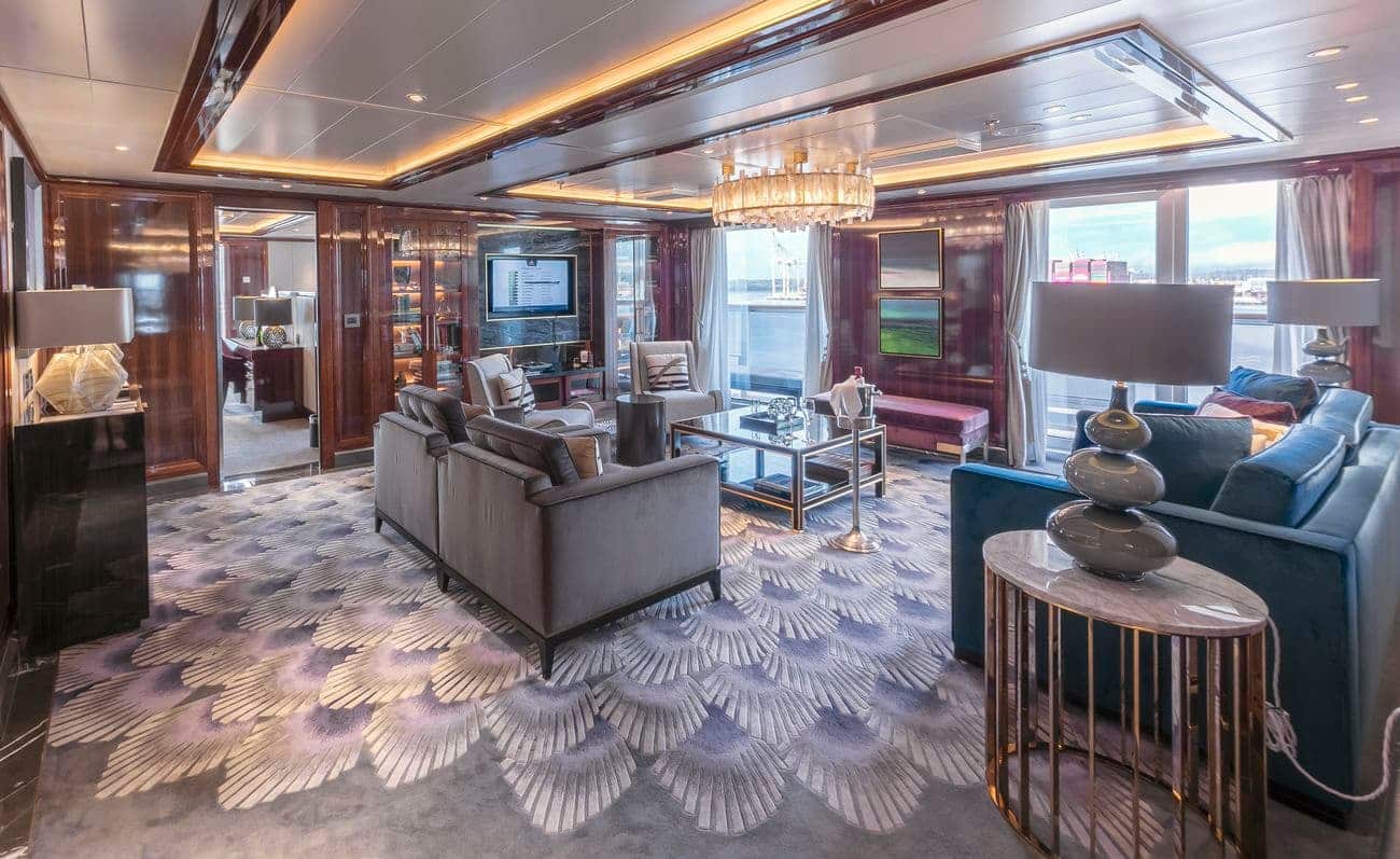 Berengaria Suite living room with elegant furnishings and ocean views