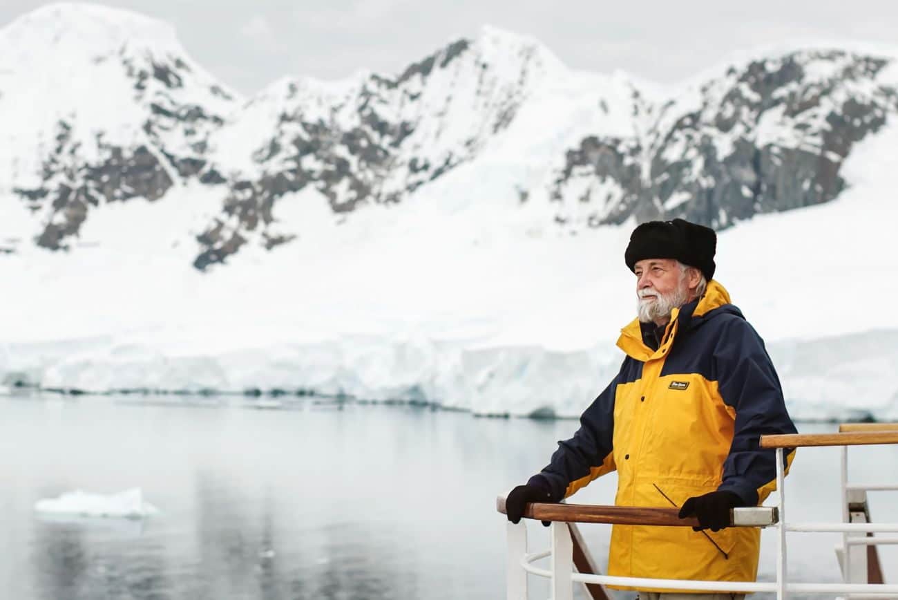 Bob Headland observing Antarctic scenery from Sapphire Princess deck in Charlotte Bay