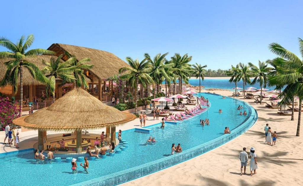 CGI rendering of a Mexico-inspired beach club with palm trees a lagoon pool swim-up bar and rows of pink umbrellas along the sand