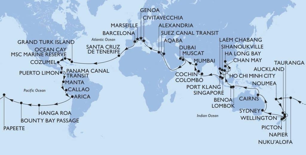 World map illustrating the full itinerary of the MSC Magnifica 2028 World Cruise with ports across Europe, the Caribbean, South Pacific, Asia, and the Middle East