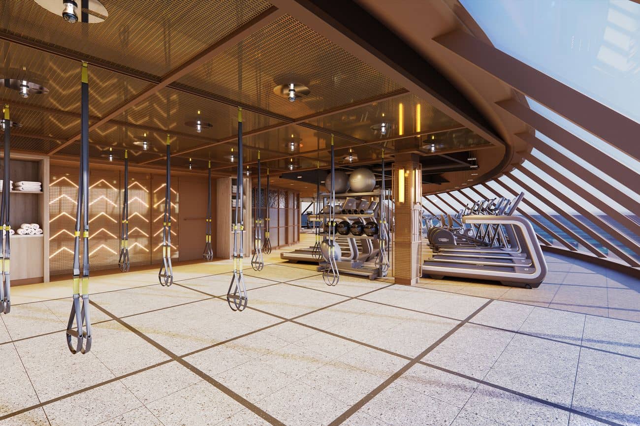 Pulse Fitness Center on Norwegian Luna featuring suspension training, weights, and ocean-view treadmills