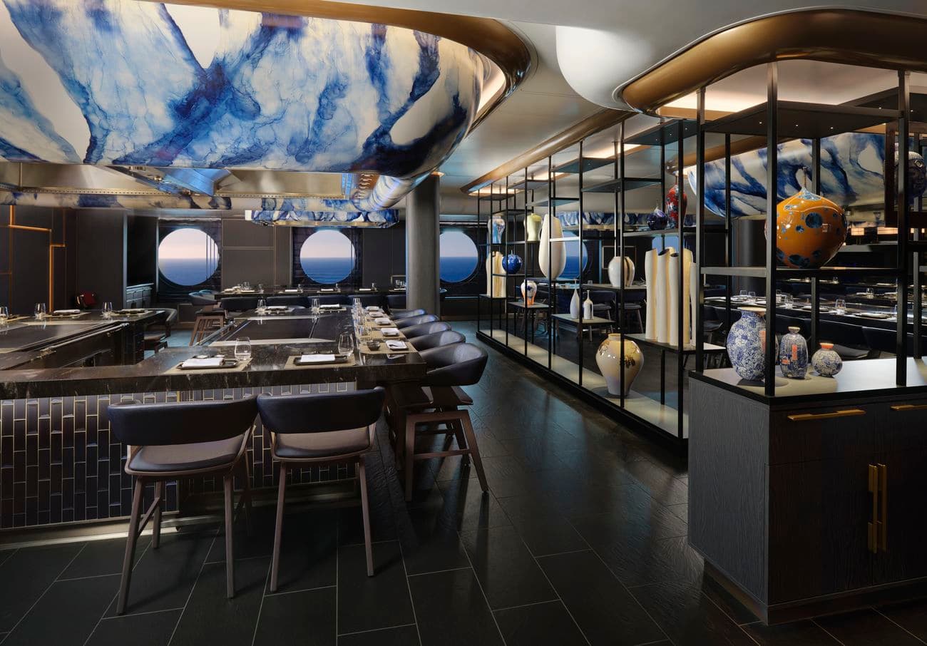 Hasuki specialty restaurant with ocean views and artistic ceiling design