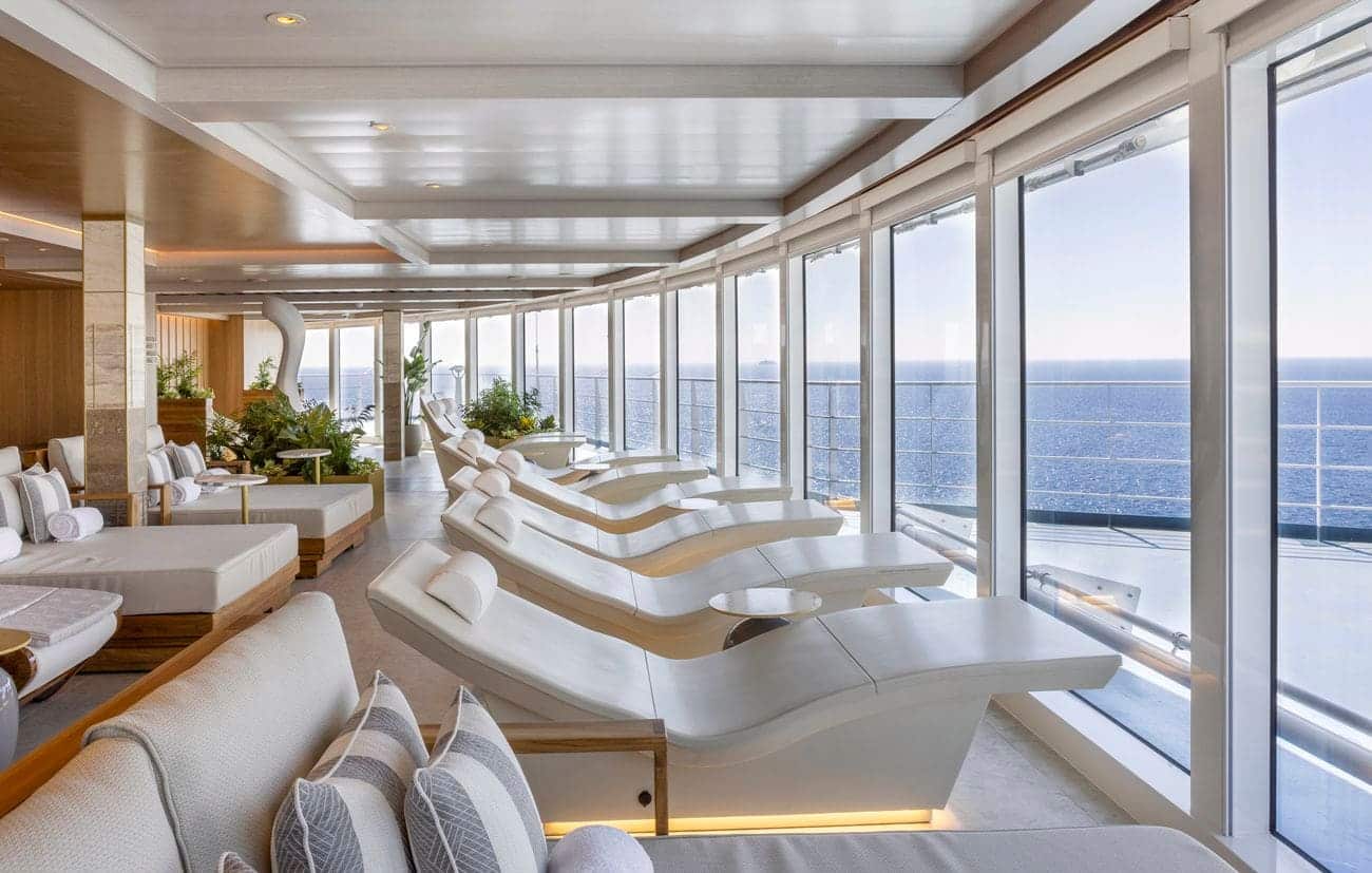 Spa Thermal Lounge with heated loungers overlooking the ocean