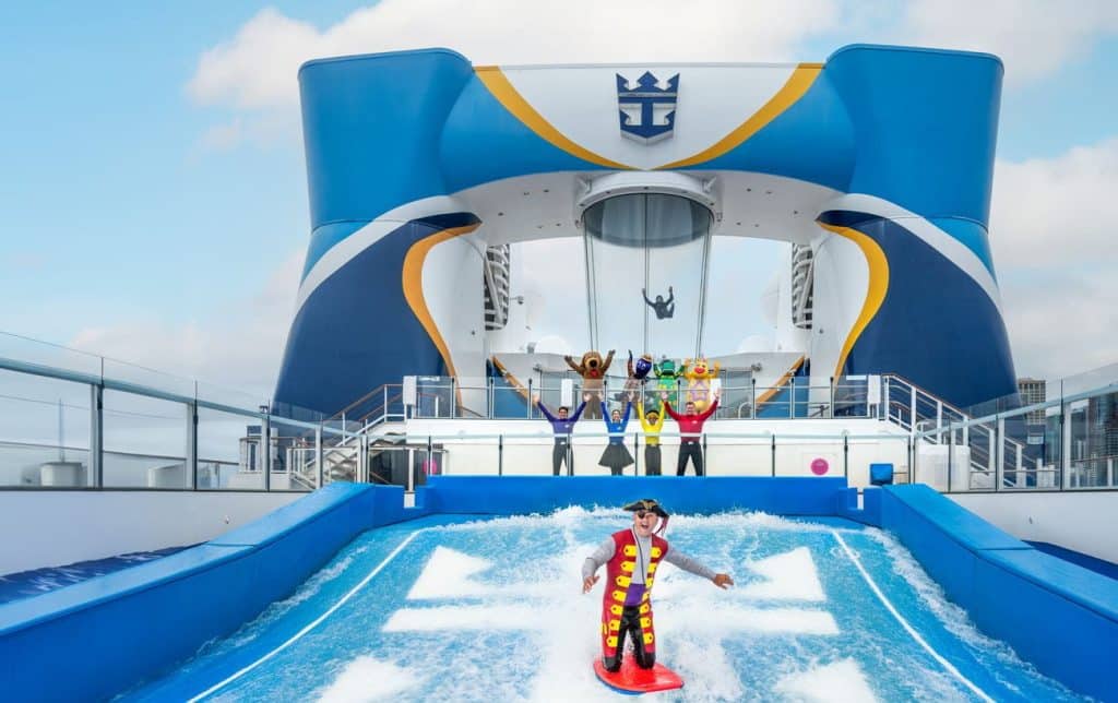 Captain Feathersword surfing on the FlowRider