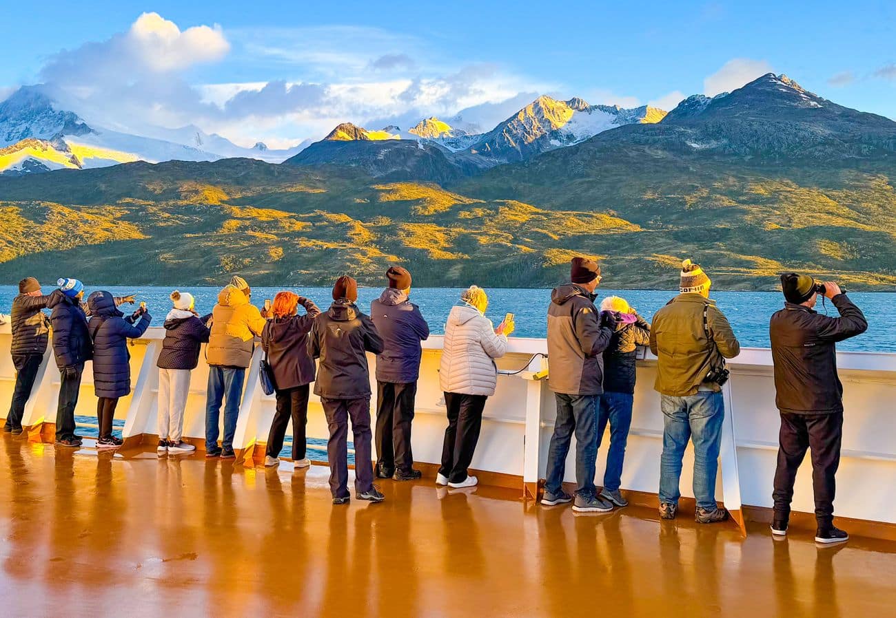 Guests viewing Chilean fjords from Oosterdam deck