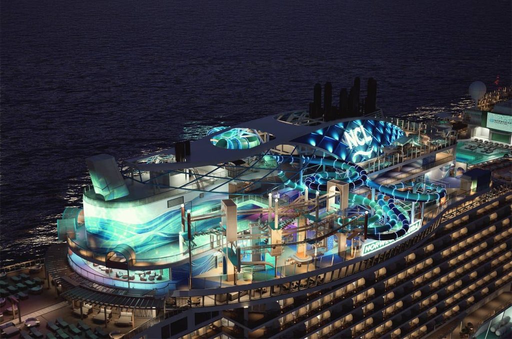 Ocean Heights activity complex at night on Norwegian Aura