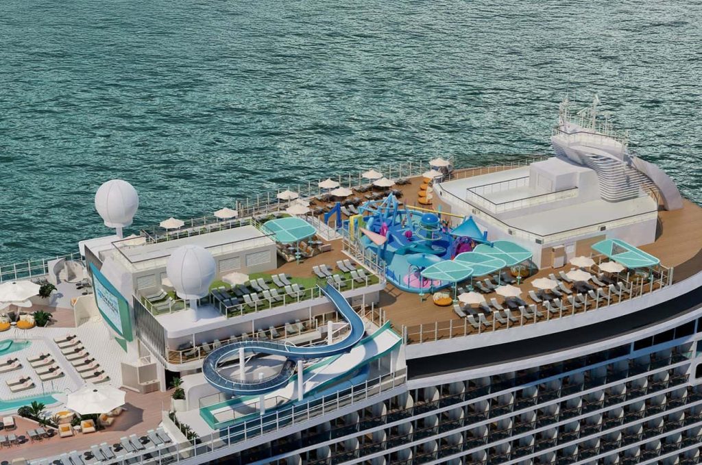 Upper pool deck and aqua park on Norwegian Aura