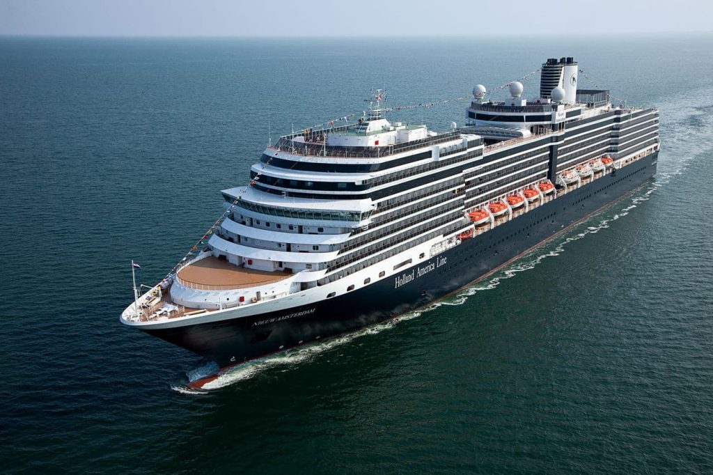 Holland America Line Nieuw Amsterdam ship sailing at sea exterior aerial view