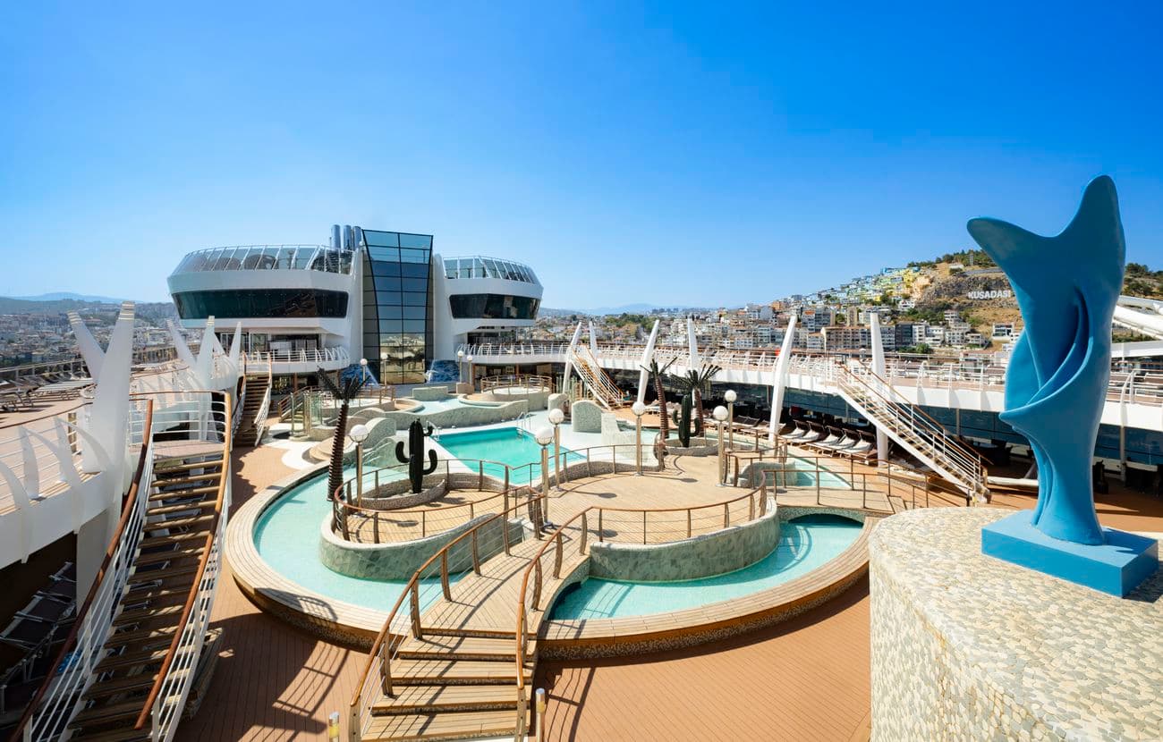 Aqua park with pools and slides overlooking Kusadasi