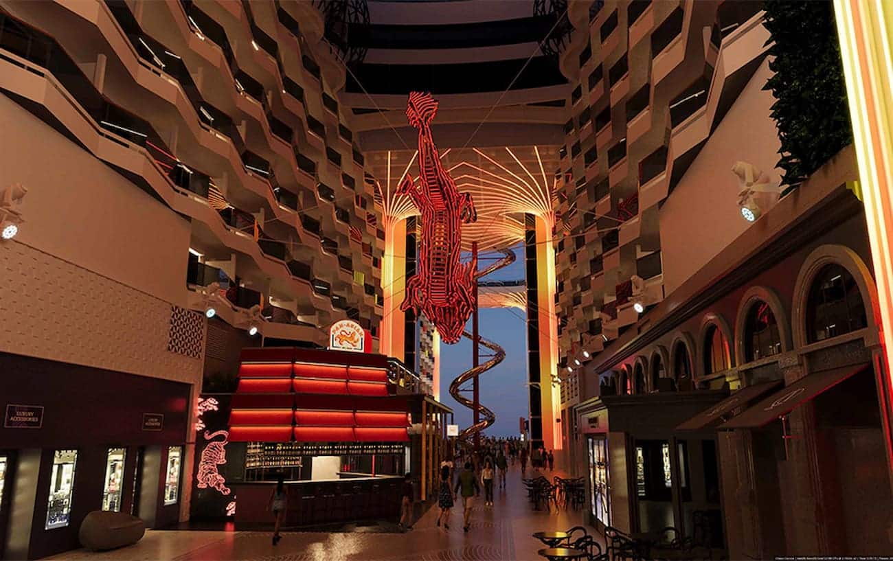 World Promenade with stainless steel dragon sculpture