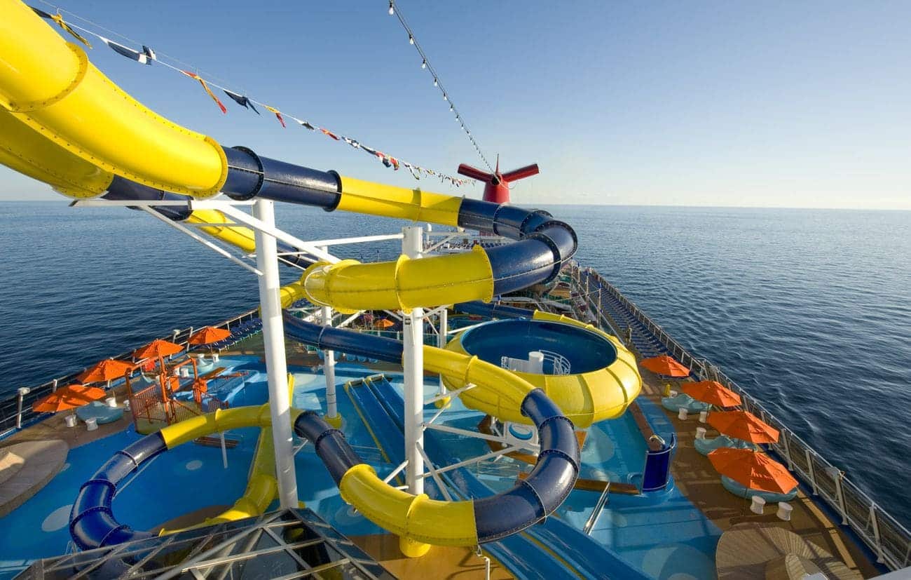 WaterWorks waterslides twisting above upper deck splash zone