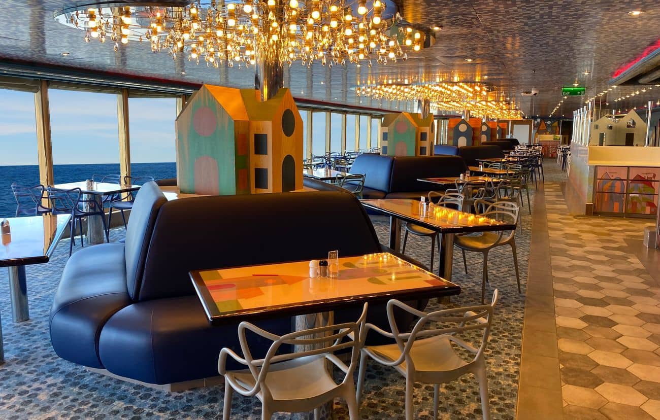 Lido Marketplace buffet seating with ocean views onboard