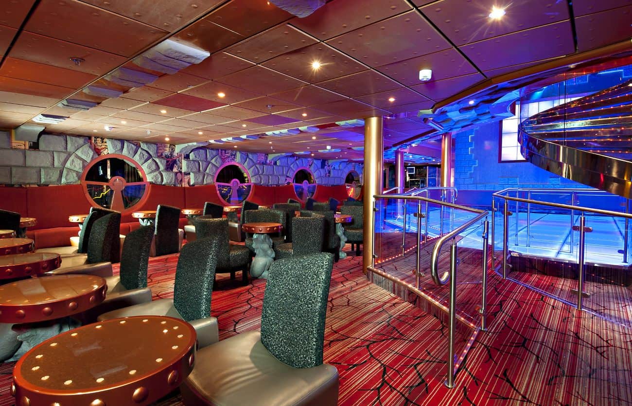 Carnival Miracle Dr Frankenstein Lab themed dance club with bold decor and seating