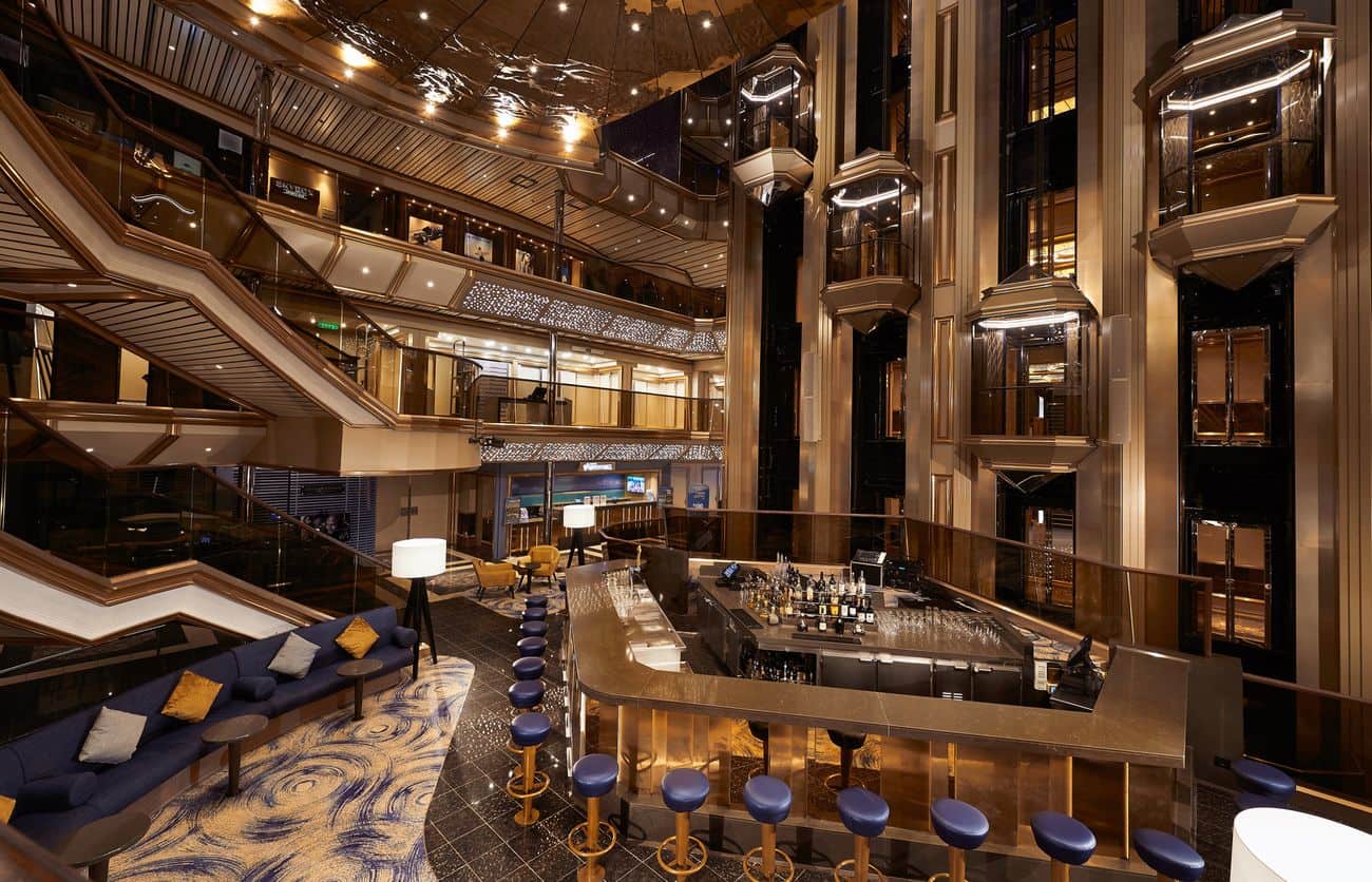 Atrium lounge with glass elevators and central bar