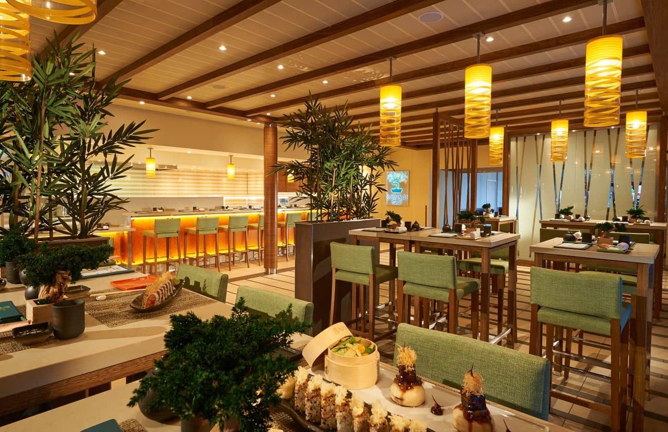 Carnival Sunrise Bonsai Sushi restaurant with warm wood details