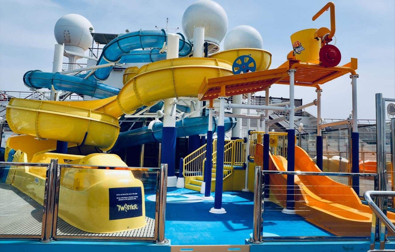 Carnival Valor WaterWorks slides and splash zone on the top deck