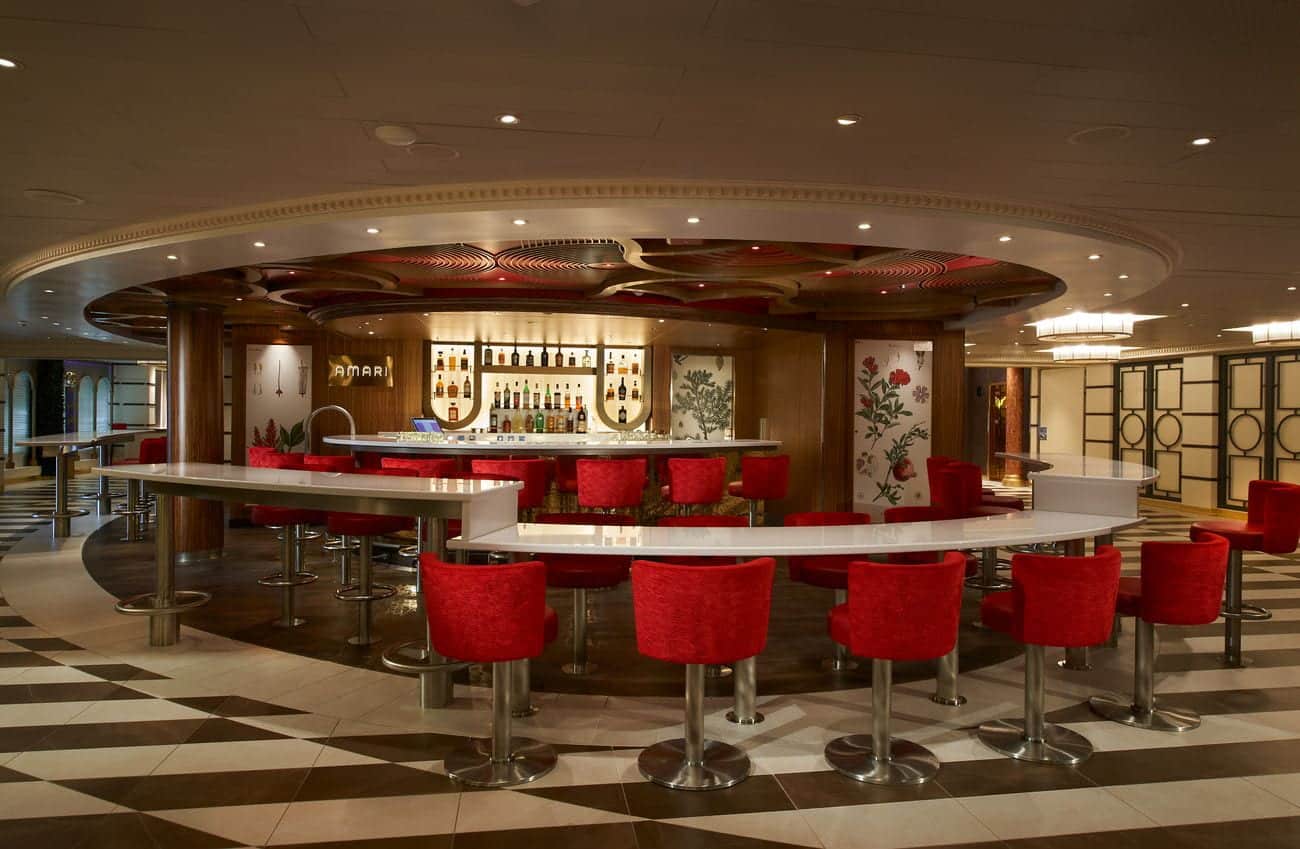 Amari Bar with red chairs and round counter