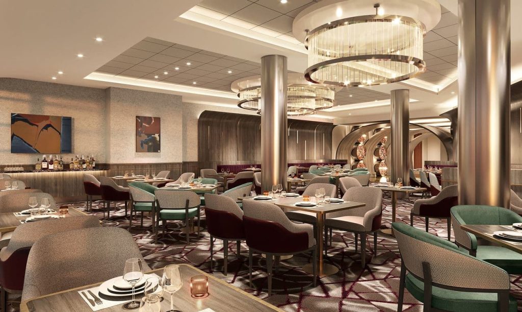 Fine Cut Steakhouse dining room aboard Celebrity Solstice with elegant chandeliers