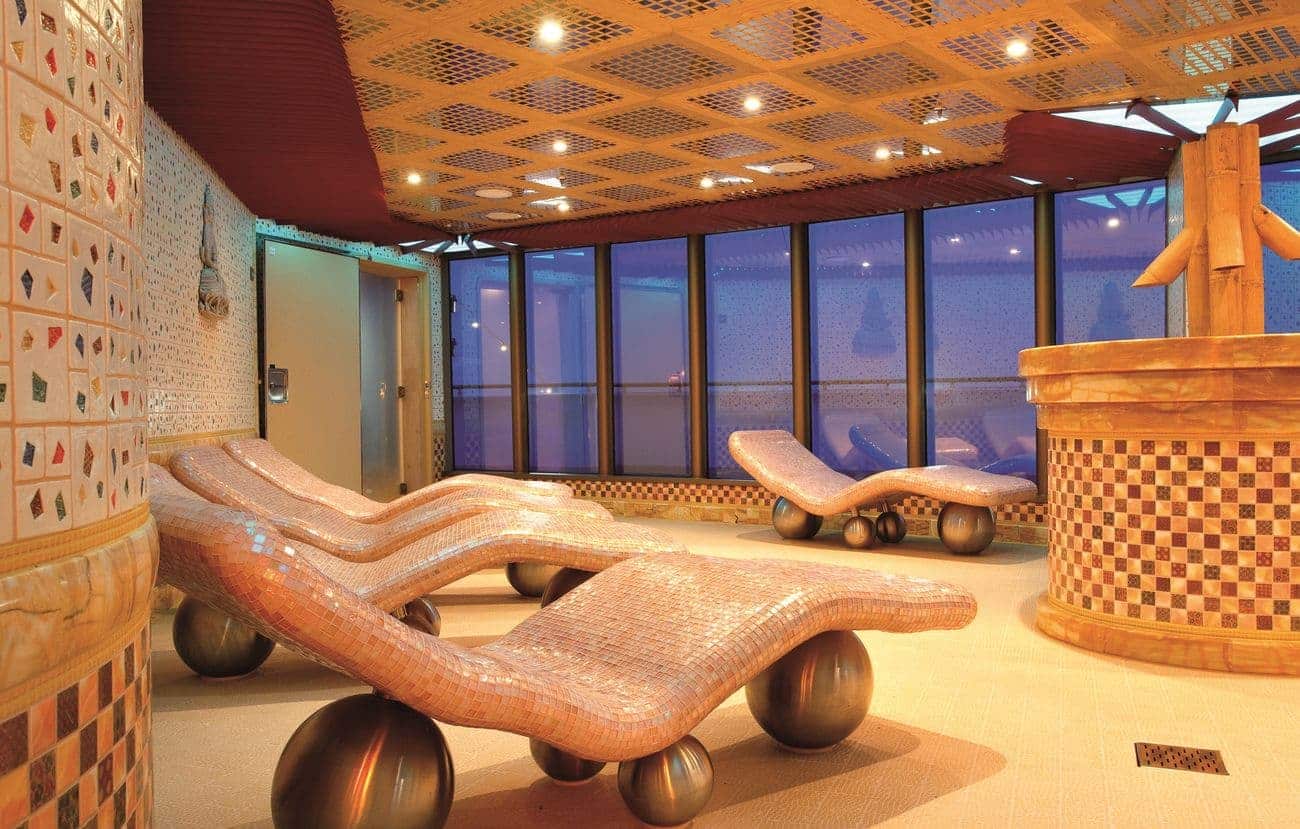 Costa Deliziosa Samsara Spa tepidarium with mosaic loungers by the windows