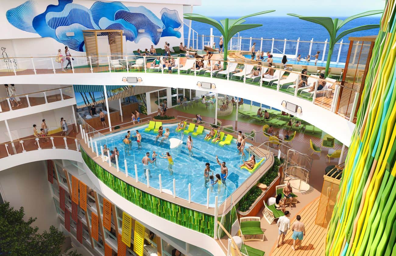 Hero of the Seas Coconut Cove Pool with in-water loungers, tiered sun decks, and ocean views above Central Park