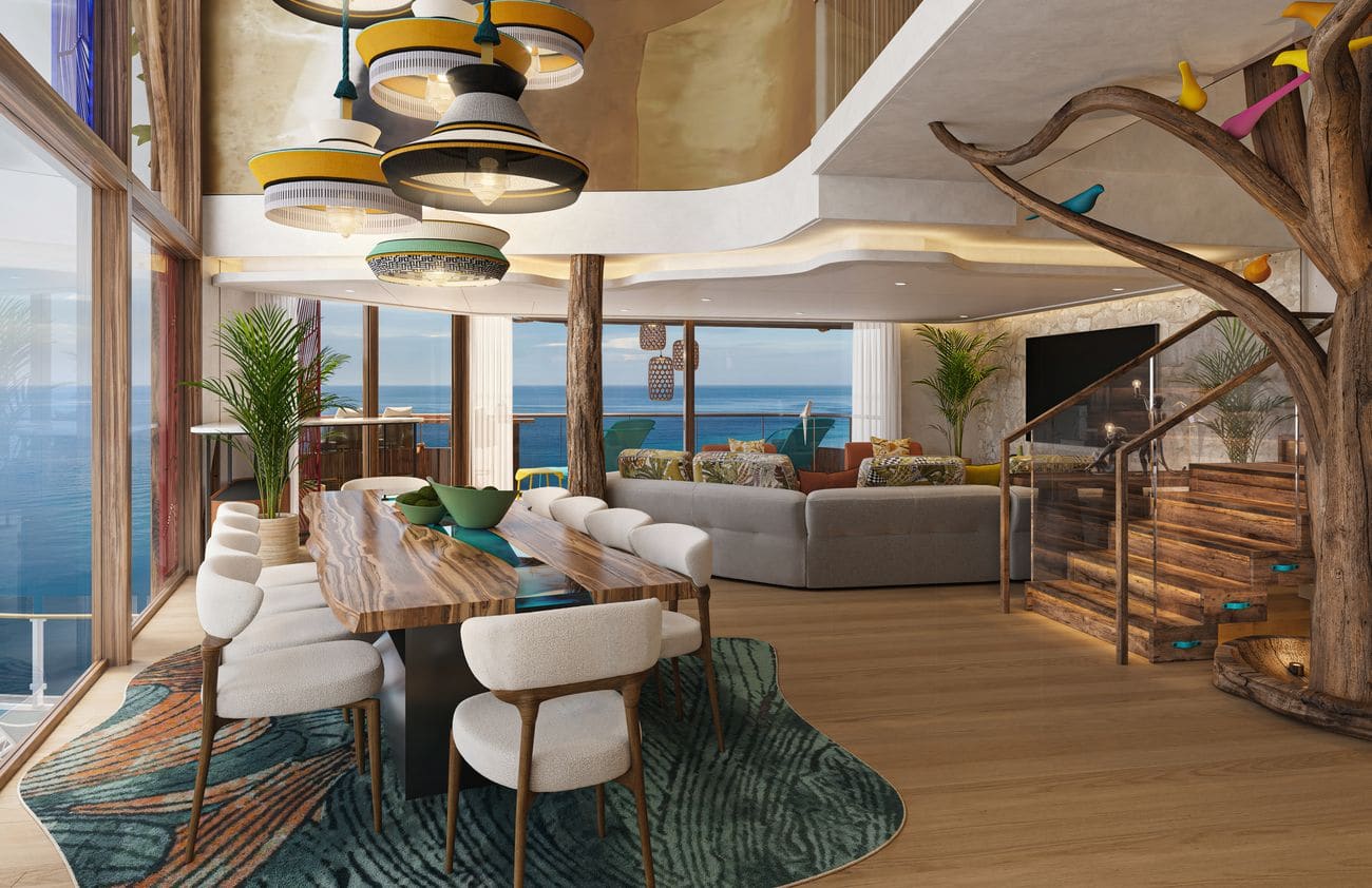 Hero of the Seas Ultimate Family Treehouse living room with a long dining table, ocean views, wood accents, and a sculptural staircase