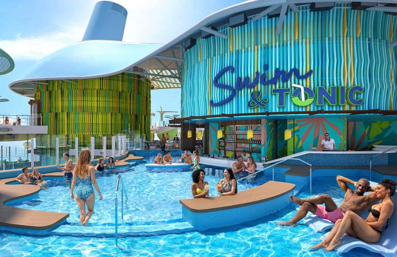 Swim & Tonic Pool Bar with guests in the water, swim-up seating, and colorful cladding on an upper outdoor deck