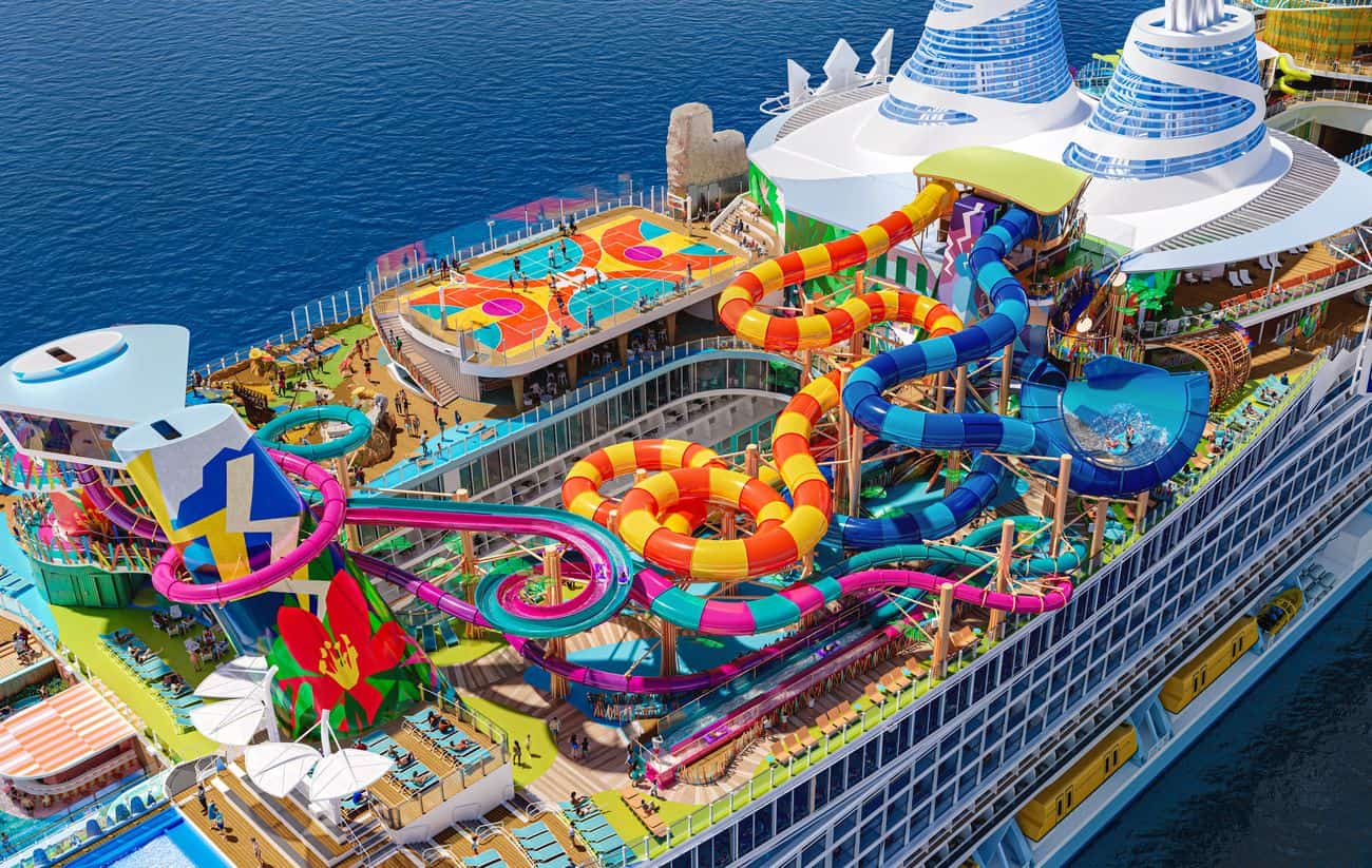Hero of the Seas Thrill Island with colorful waterslides, sports court, and open upper decks viewed from above