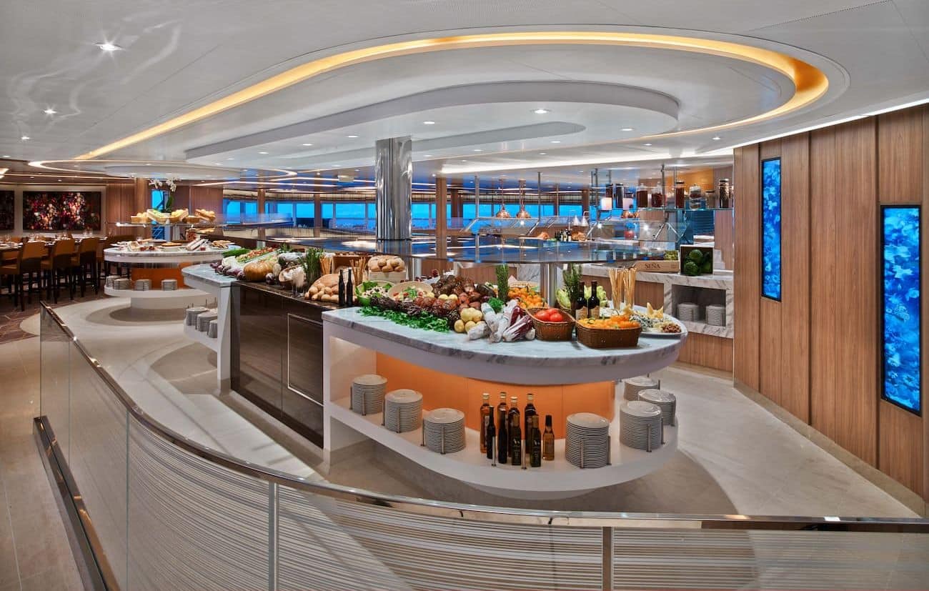 The Colonnade buffet restaurant with fresh displays, modern counters, and ocean views.