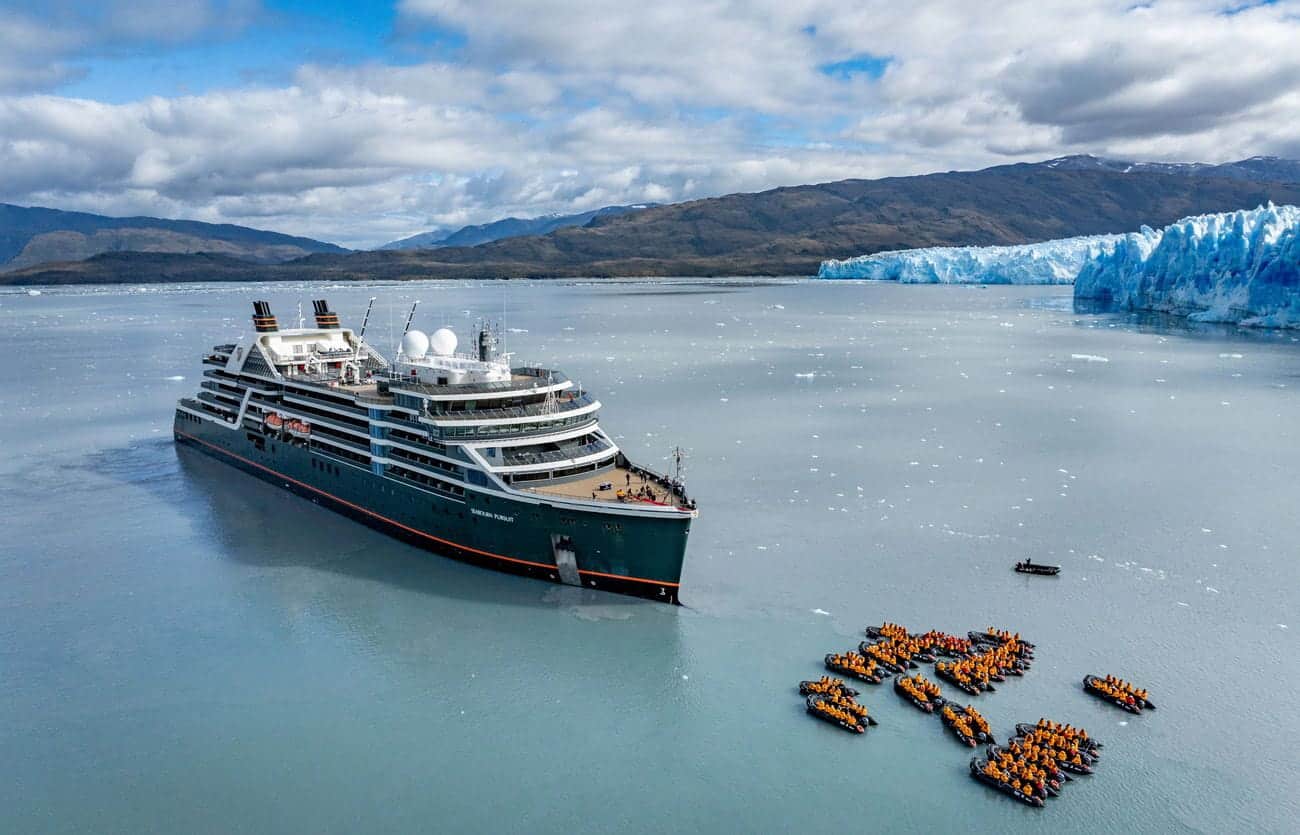 Seabourn Pursuit near Pio XI Glacier in Chile with Zodiac boats