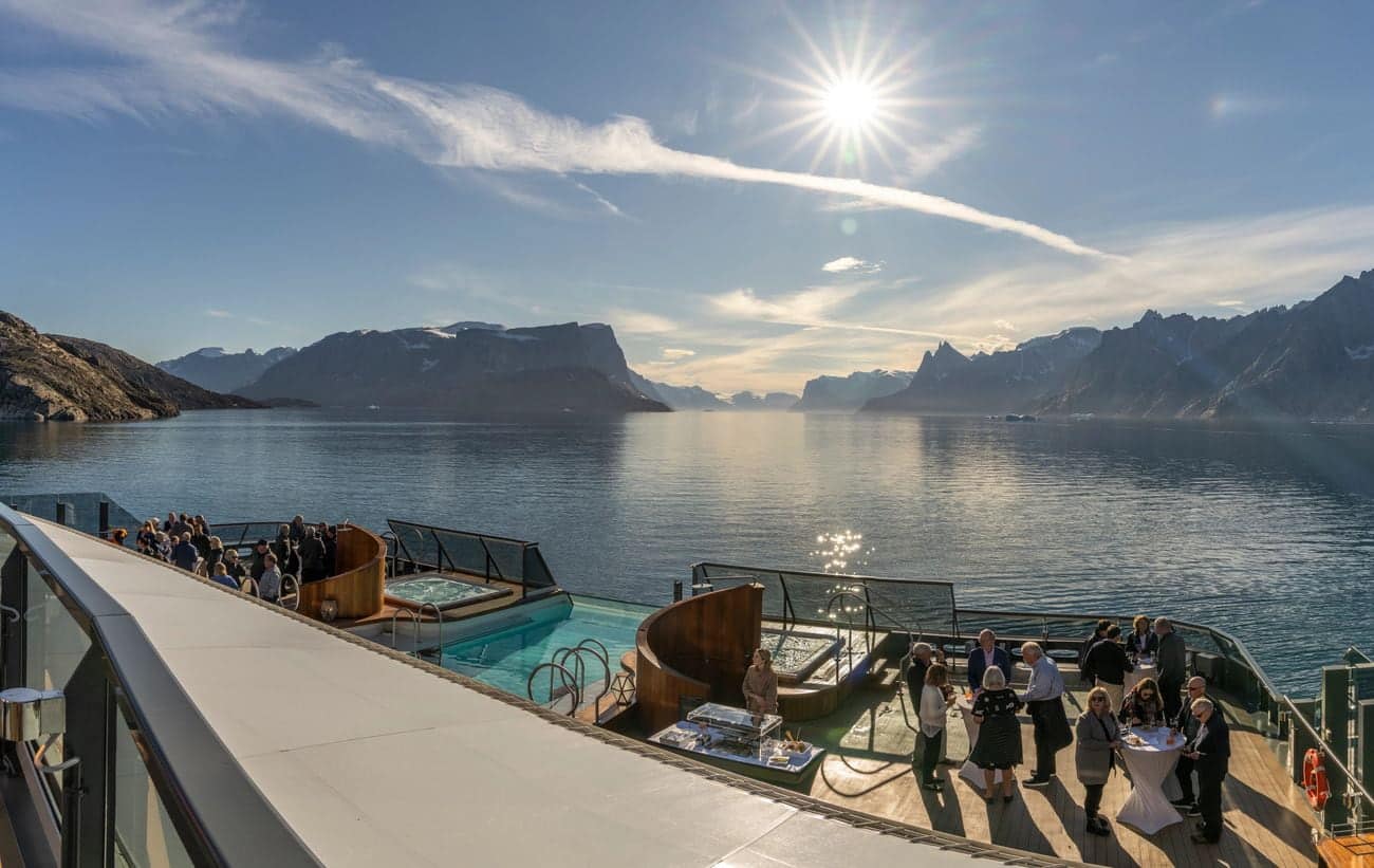 Aft Deck pool and whirlpools overlooking Øfjord in Scoresby Sund, East Greenland