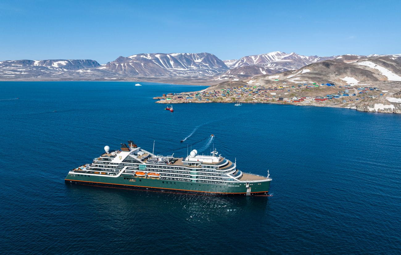 Seabourn Venture anchored near Ittoqqortoormiit in Scoresby Sound, Eastern Greenland
