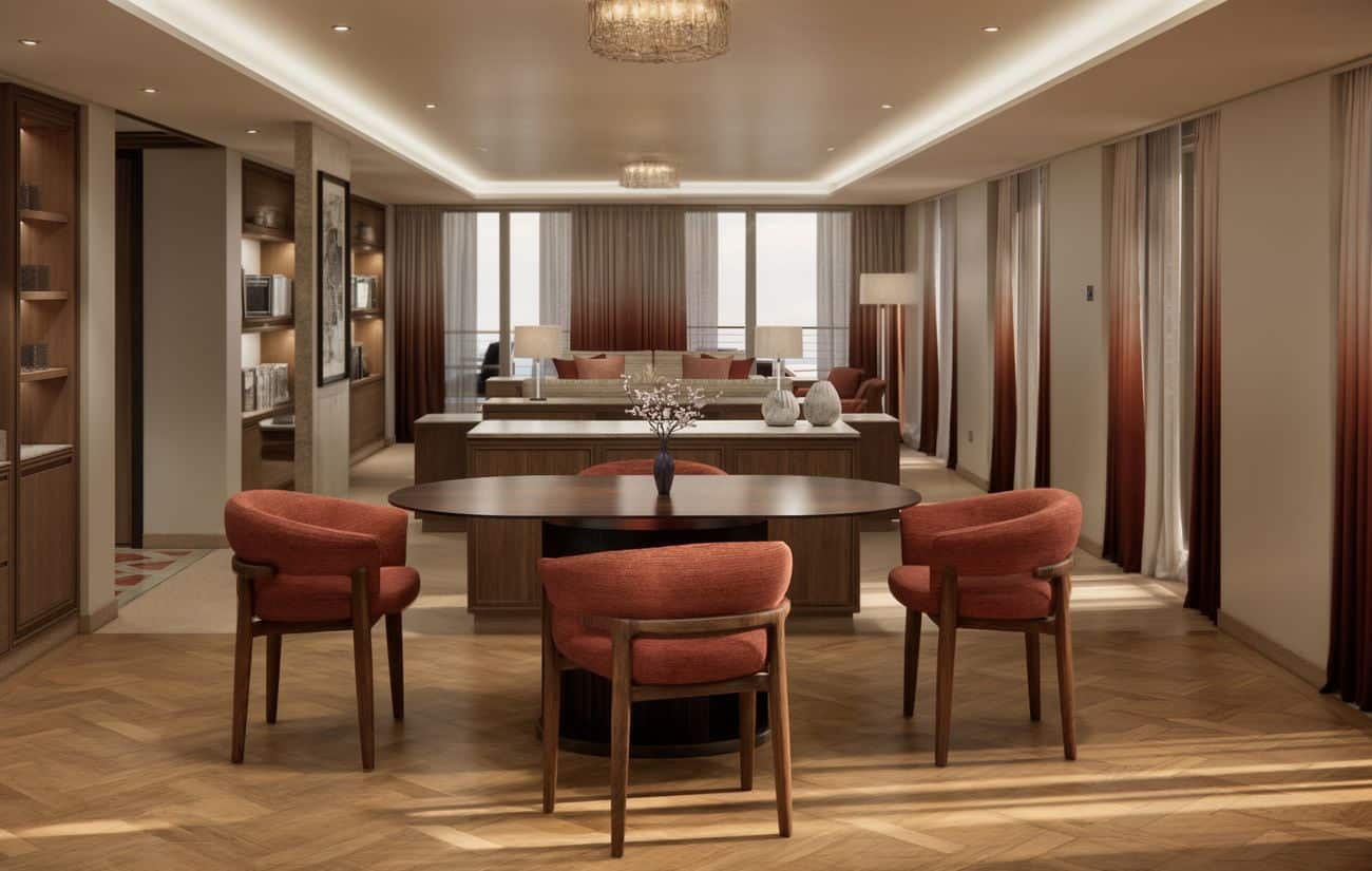 Penthouse Deck dining room with warm light