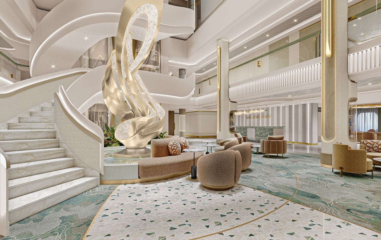 Atrium with sculptural staircase and seating