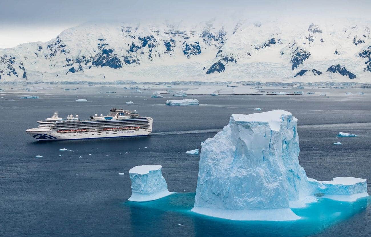 Sapphire Princess ship near icebergs in Antarctica