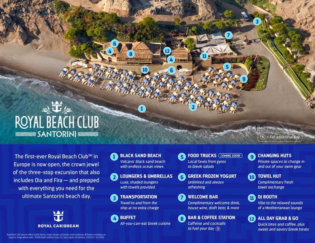 Royal Beach Club Santorini map showing beach amenities and guest areas