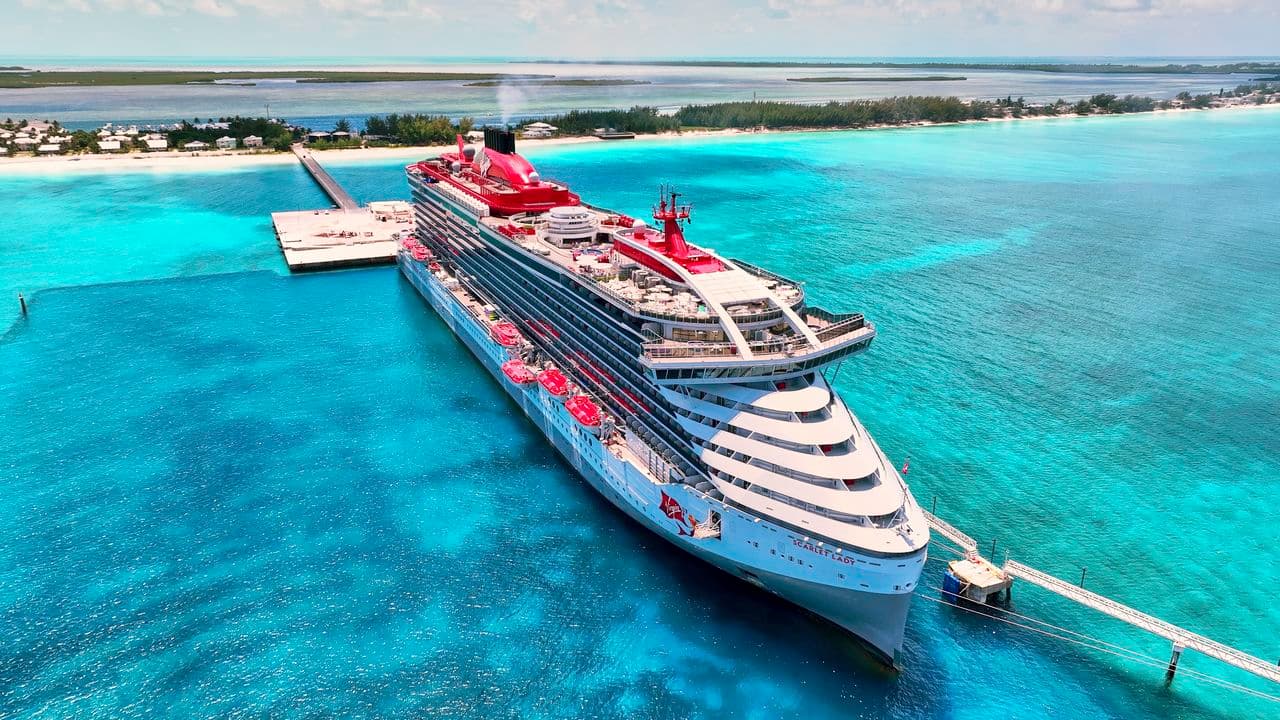 Virgin Voyages Scarlet Lady docked at Bimini pier