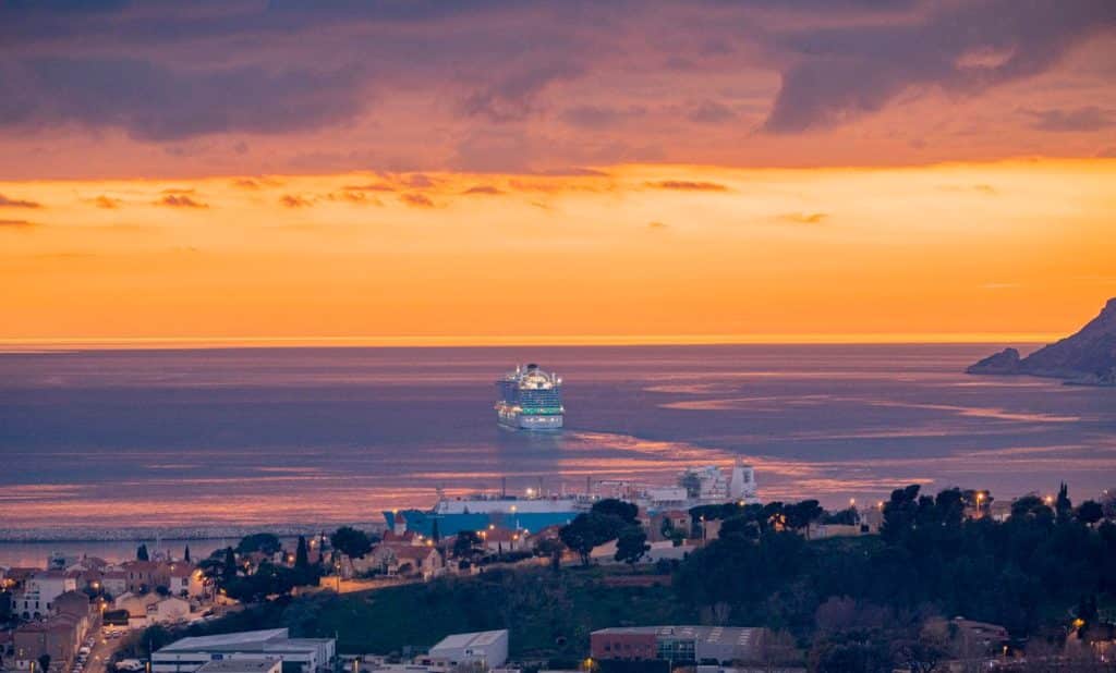 Costa Smeralda leaving Marseille at sunset in France