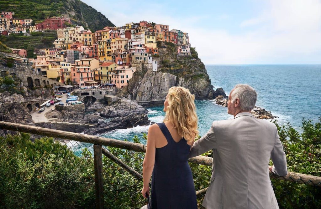 Couple overlooking Vernazza in Cinque Terre during Mediterranean cruises in 2026