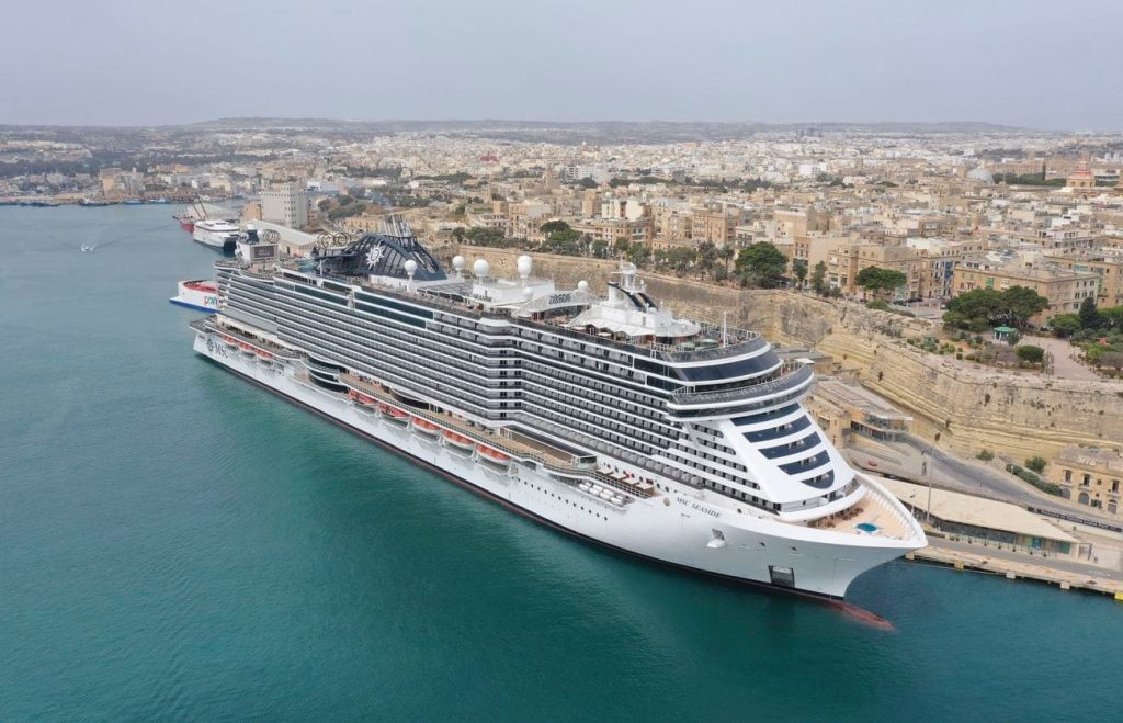 Mediterranean cruises in 2026: MSC Seaside docked beside Valletta Grand Harbour in Malta