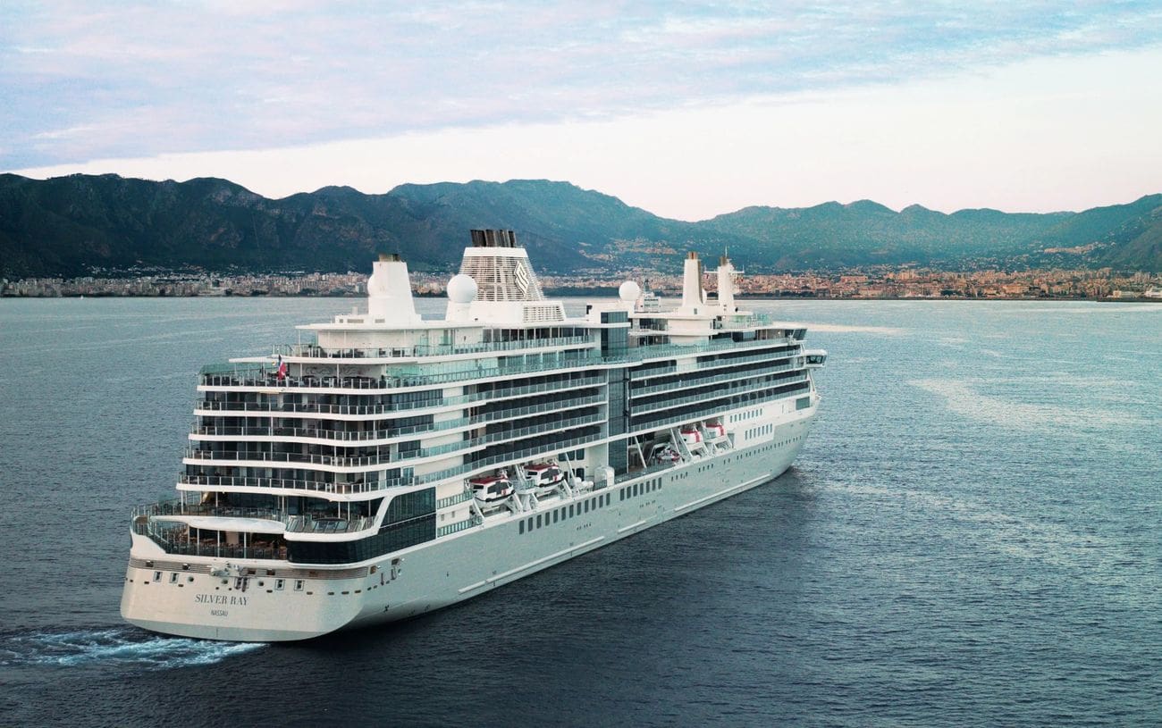 Silver Ray cruising off the mountainous coast of Sicily, Italy